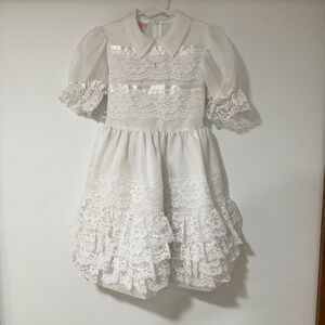 Merry Girl Vintage 1984 Party Dress Girl 7 White Lace Ruffle Tiered Coquette 80s